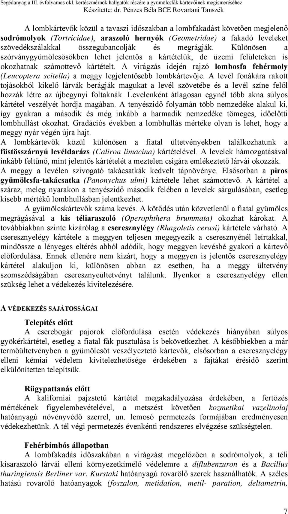 A virágzás idején rajzó lombosfa fehérmoly (Leucoptera scitella) a meggy legjelentősebb lombkártevője.