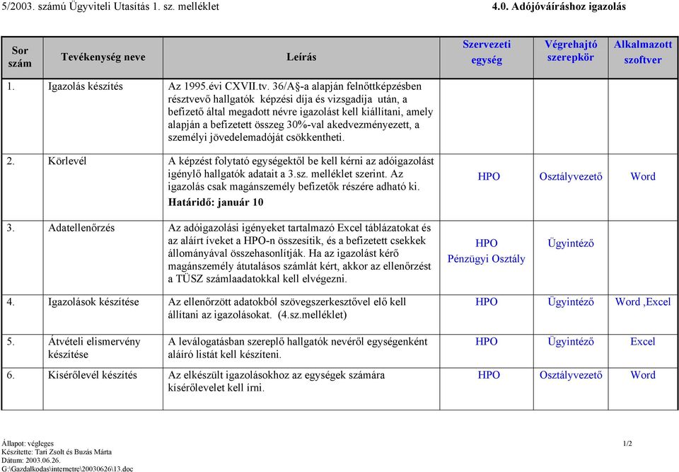 36/A -a alapján felnőttképzésben résztvevő hallgatók képzési díja és vizsgadíja után, a befizető által megadott névre igazolást kell kiállítani, amely alapján a befizetett összeg 30%-val