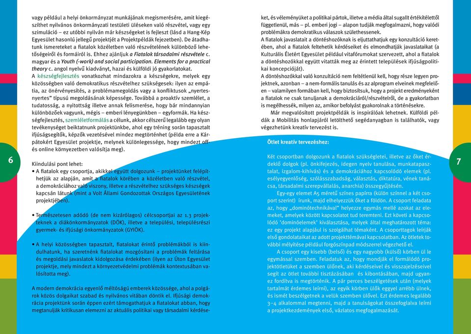 Ehhez ajánljuk a Fiatalok társadalmi részvétele c. magyar és a Youth (-work) and social participation. Elements for a practical theory c. angol nyelvű kiadványt, hazai és külföldi jó gyakorlatokat.