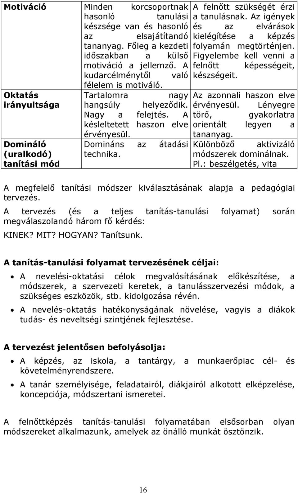 Oktatás Tartalomra nagy Az azonnali haszon elve irányultsága hangsúly helyeződik. érvényesül. Lényegre Nagy a felejtés. A törő, gyakorlatra késleltetett haszon elve orientált legyen a érvényesül.