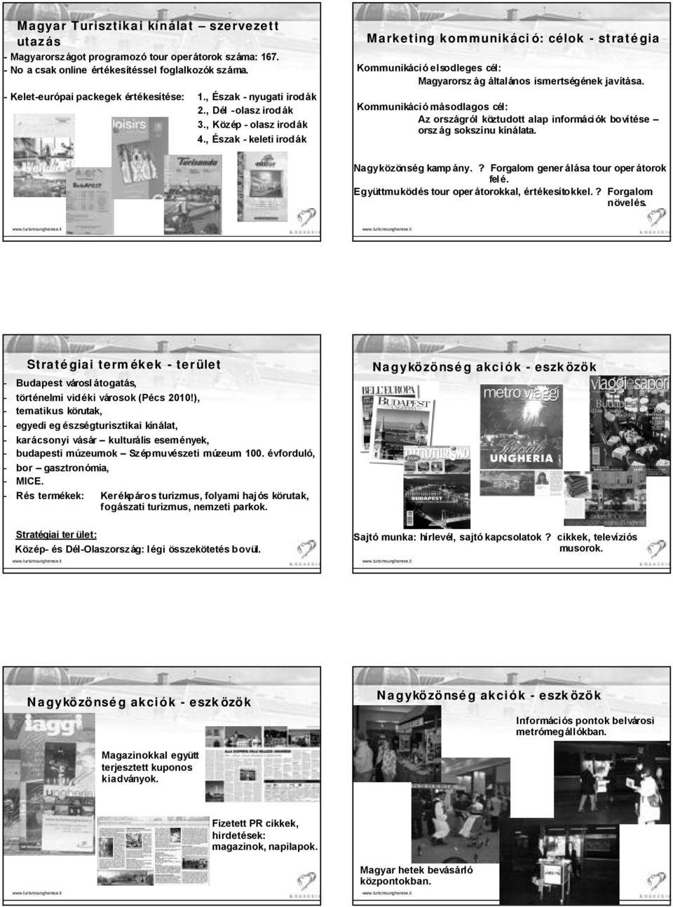 , Észak - keleti irodák Marketing kommunikáció: célok - stratégia Kommunikáció elsodleges cél: Magyarorsz ág általános ismertségének javítása.