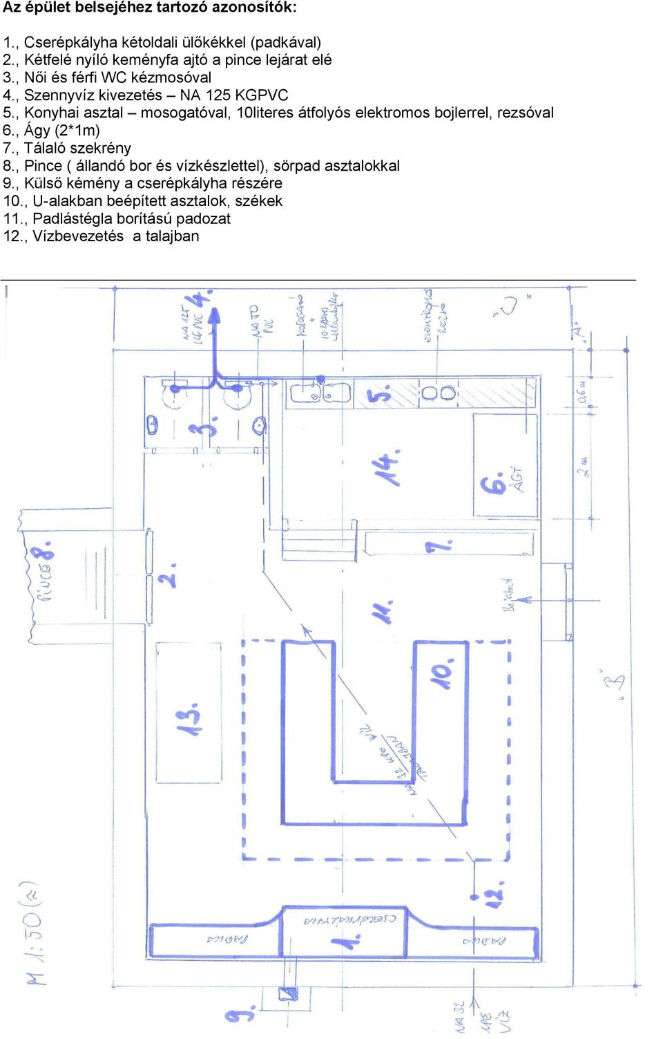 , Konyhai asztal mosogatóval, 10literes átfolyós elektromos bojlerrel, rezsóval 6., Ágy (2*1m) 7., Tálaló szekrény 8.