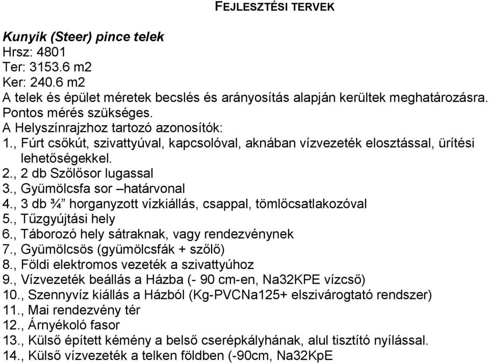 , 3 db ¾ horganyzott vízkiállás, csappal, tömlőcsatlakozóval 5., Tűzgyújtási hely 6., Táborozó hely sátraknak, vagy rendezvénynek 7., Gyümölcsös (gyümölcsfák + szőlő) 8.