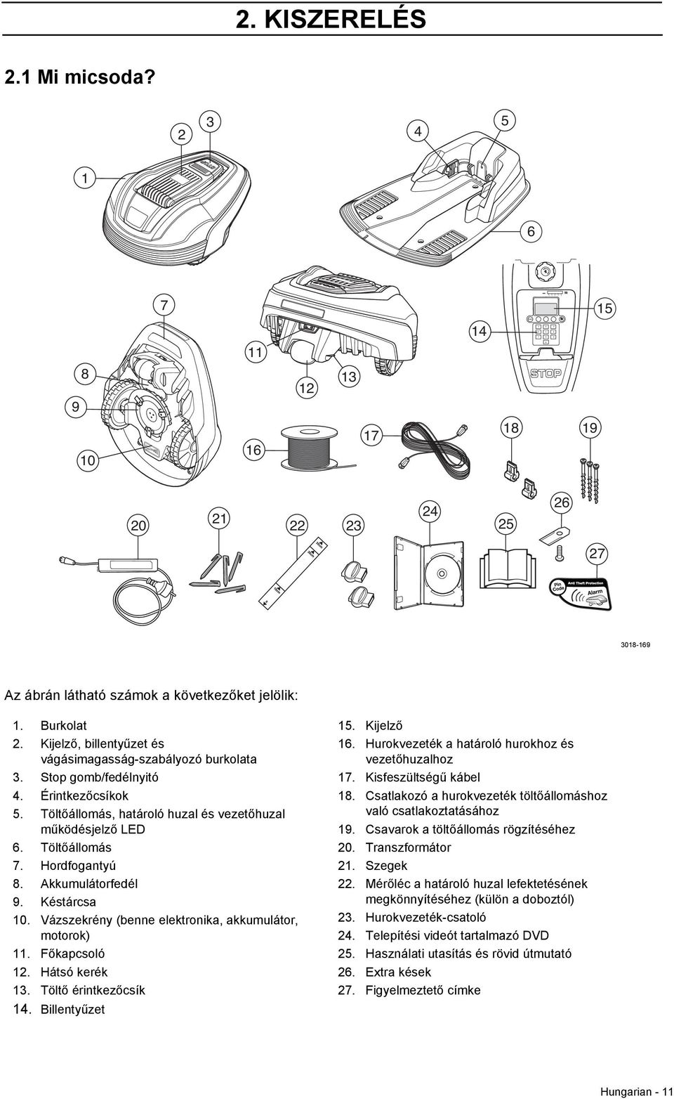 Hordfogantyú 8. Akkumulátorfedél 9. Késtárcsa 10. Vázszekrény (benne elektronika, akkumulátor, motorok) 11. Főkapcsoló 12. Hátsó kerék 13. Töltő érintkezőcsík 14. Billentyűzet 15. Kijelző 16.