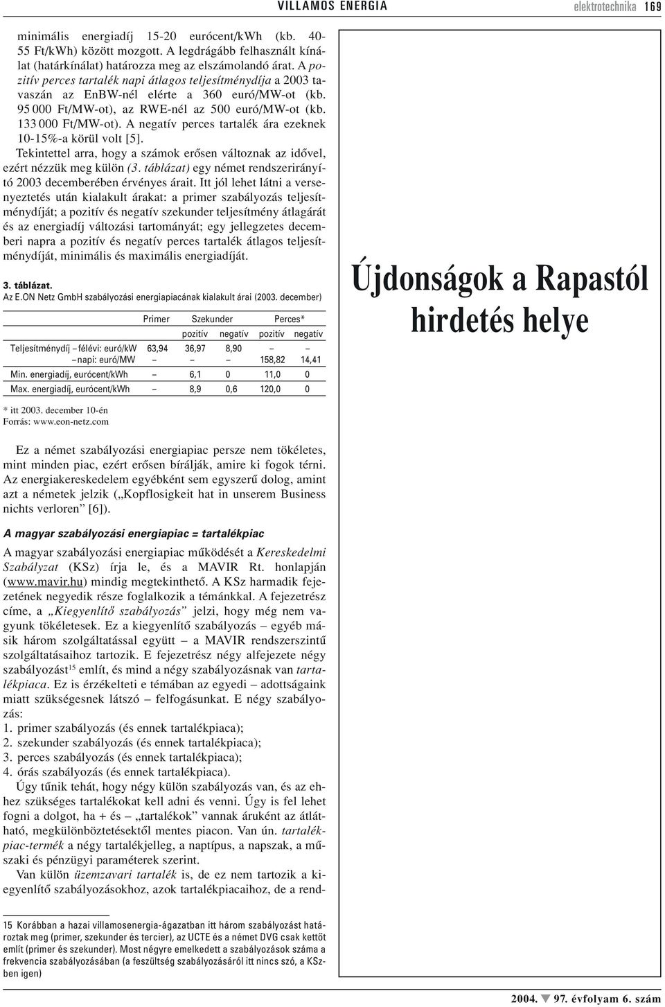 A negatív perces tartalék ára ezeknek 10-15%-a körül volt [5]. Tekintettel arra, hogy a számok erôsen változnak az idôvel, ezért nézzük meg külön (3.