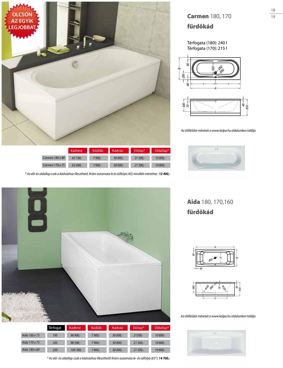 kádvázhoz illeszthető. Króm automata le és túlfolyó (45) mindkét mérethez : 12 400,- Aida 180, 170,160 Az ülőfelület méreteit a www.kolpa.
