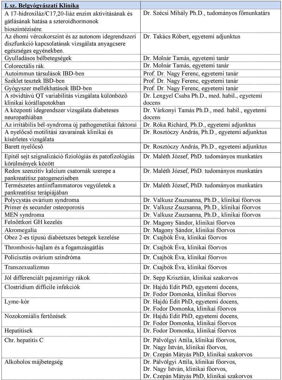 Autoimmun társulások IBD-ben Széklet tesztek IBD-ben Gyógyszer mellékhatások IBD-ben A rövidtávú QT variabilitás vizsgálata különböző klinikai kórállapotokban A központi idegrendszer vizsgálata