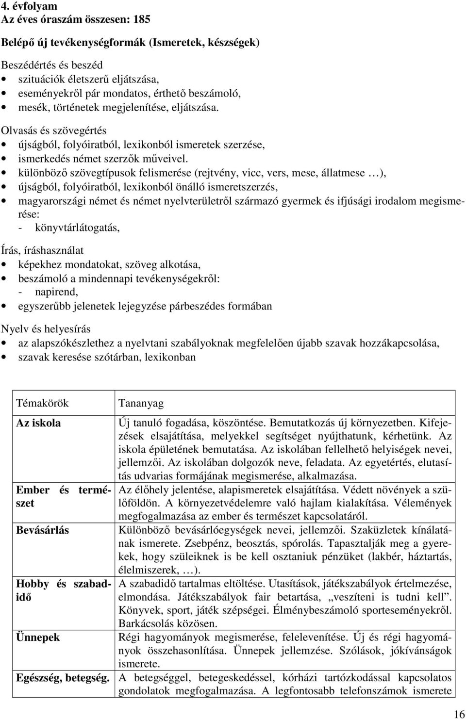 különböző szövegtípusok felismerése (rejtvény, vicc, vers, mese, állatmese ), újságból, folyóiratból, lexikonból önálló ismeretszerzés, magyarországi német és német nyelvterületről származó gyermek