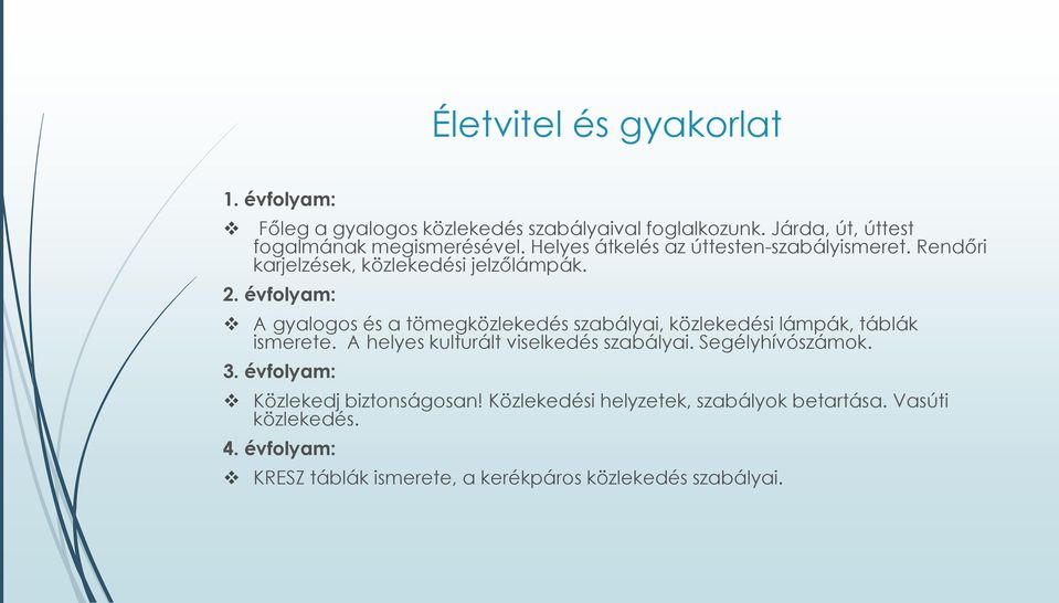 évfolyam: A gyalogos és a tömegközlekedés szabályai, közlekedési lámpák, táblák ismerete. A helyes kulturált viselkedés szabályai.