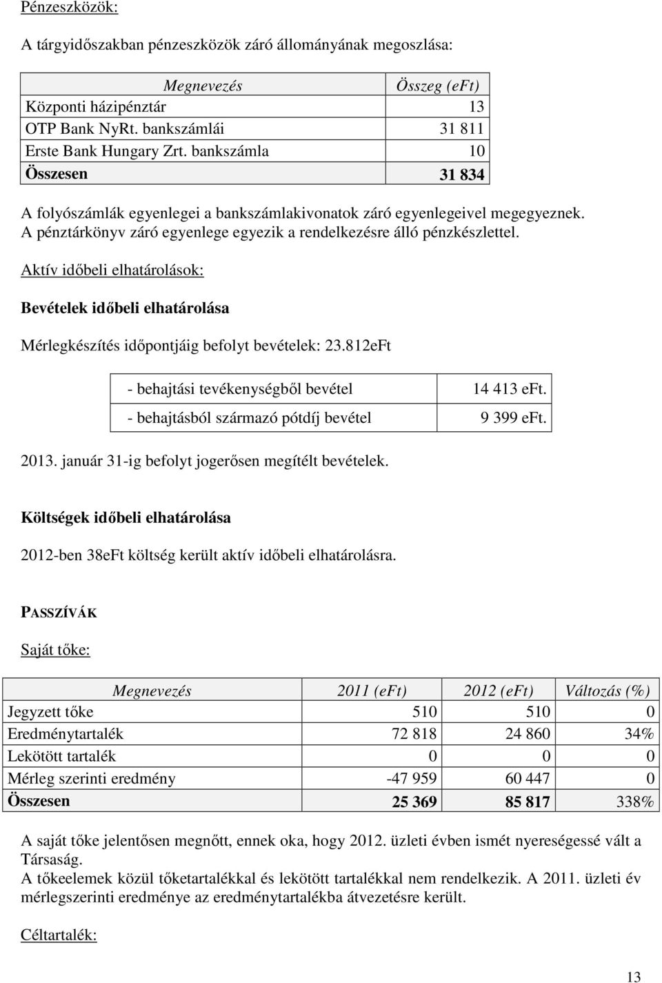 Aktív idıbeli elhatárolások: Bevételek idıbeli elhatárolása Mérlegkészítés idıpontjáig befolyt bevételek: 23.812eFt - behajtási tevékenységbıl bevétel 14 413 eft.