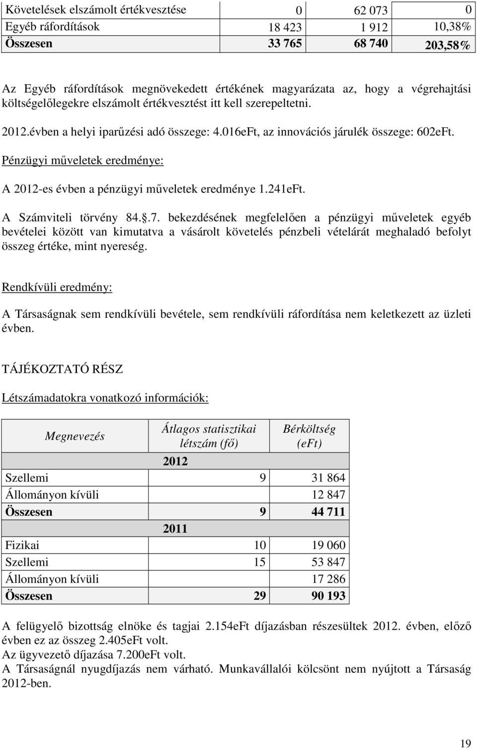 Pénzügyi mőveletek eredménye: A 2012-es évben a pénzügyi mőveletek eredménye 1.241eFt. A Számviteli törvény 84..7.