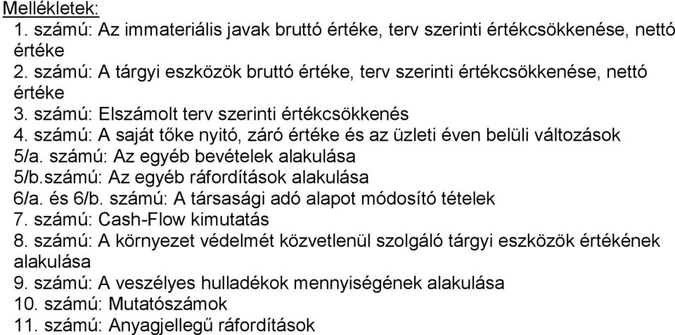 számú: A saját tőke nyitó, záró értéke és az üzleti éven belüli változások 5/a. számú: Az egyéb bevételek alakulása 5/b.számú: Az egyéb ráfordítások alakulása 6/a. és 6/b.