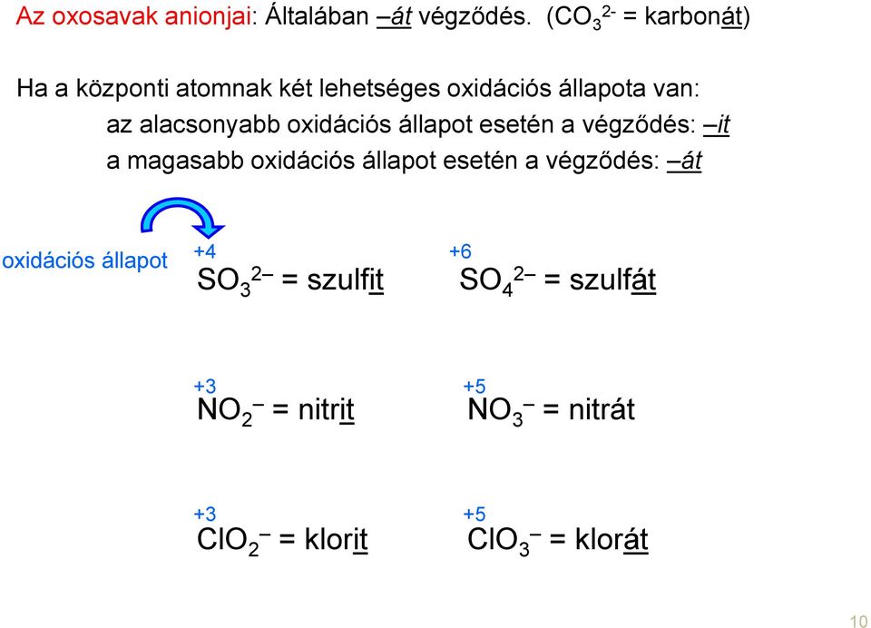 alacsonyabb oxidációs állapot esetén a végződés: it a magasabb oxidációs állapot esetén a