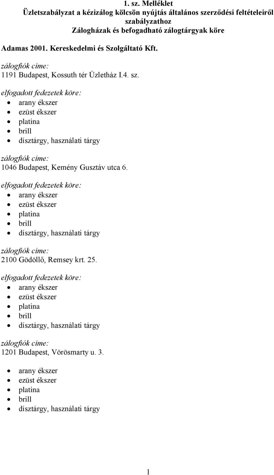 Zálogházak és befogadható zálogtárgyak köre Adamas 2001. Kereskedelmi és Szolgáltató Kft.