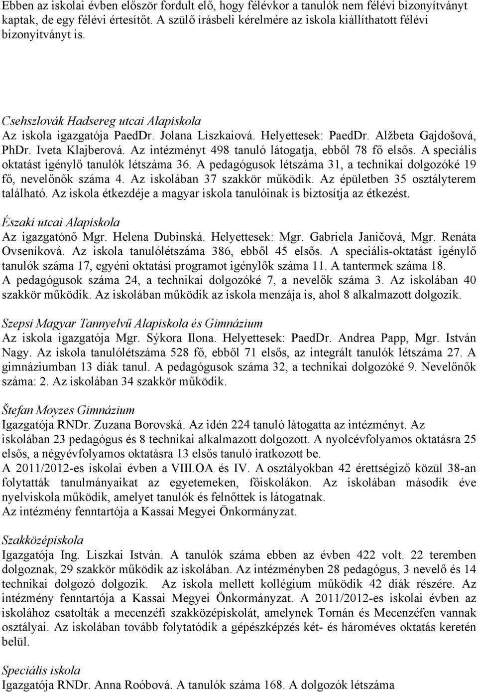 Alžbeta Gajdošová, PhDr. Iveta Klajberová. Az intézményt 498 tanuló látogatja, ebből 78 fő elsős. A speciális oktatást igénylő tanulók létszáma 36.
