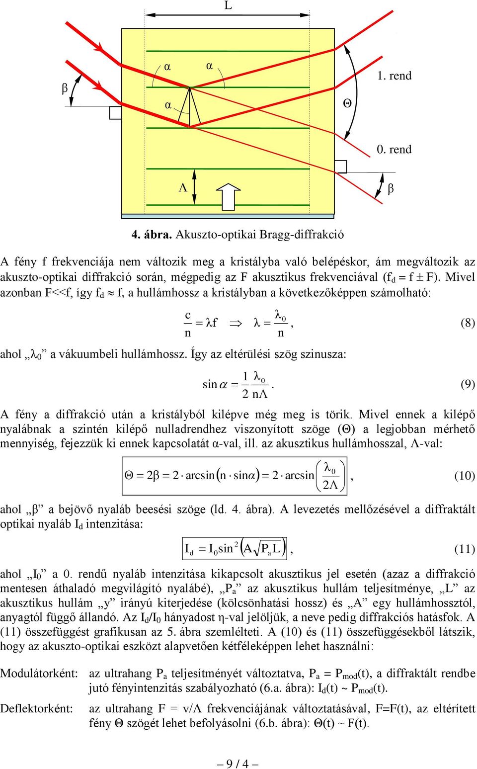 f F). Mivel azonban F<<f, így f d f, a hullámhossz a kristályban a következőképpen számolható: c λ λf λ 0, (8) n n ahol 0 a vákuumbeli hullámhossz. Így az eltérülési szög szinusza: 1 λ 0 sin.