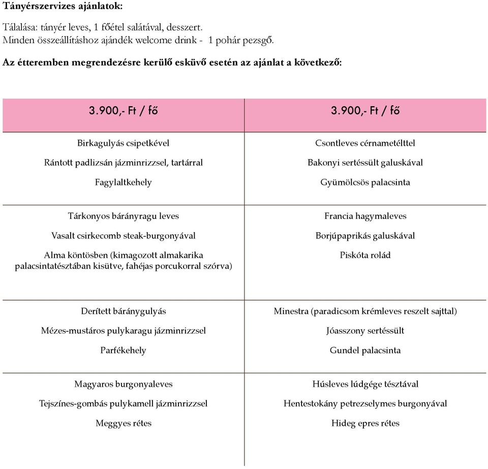 900,- Ft / fő Birkagulyás csipetkével Rántott padlizsán jázminrizzsel, tartárral Fagylaltkehely Csontleves cérnametélttel Bakonyi sertéssült galuskával Gyümölcsös palacsinta Tárkonyos bárányragu