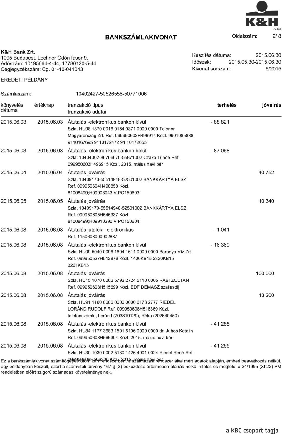 06.04 2015.06.04 Átutalás 40 752 Ref. 099950604H498858 Közl. 81008499;H09908043:V;PO150603; 2015.06.05 2015.06.05 Átutalás 10 340 Ref. 099950605H545337 Közl. 81008499;H09910290:V;PO150604; 2015.06.08 2015.