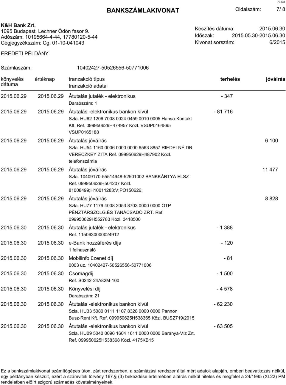 HU54 1160 0006 0000 0000 6563 8857 RIEDELNÉ DR VERECZKEY ZITA Ref. 099950629H487902 Közl. telefonszámla 2015.06.29 2015.06.29 Átutalás 11 477 Ref. 099950629H504207 Közl.