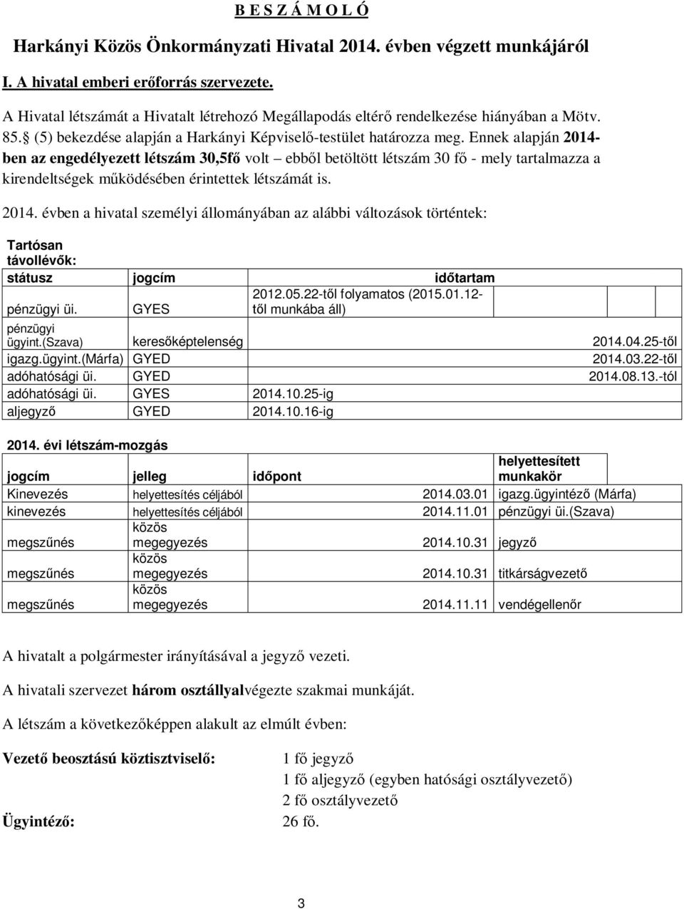 Ennek alapján 2014- ben az engedélyezett létszám 30,5f volt ebb l betöltött létszám 30 f - mely tartalmazza a kirendeltségek m ködésében érintettek létszámát is. 2014. évben a hivatal személyi állományában az alábbi változások történtek: Tartósan távollév k: státusz jogcím id tartam pénzügyi üi.