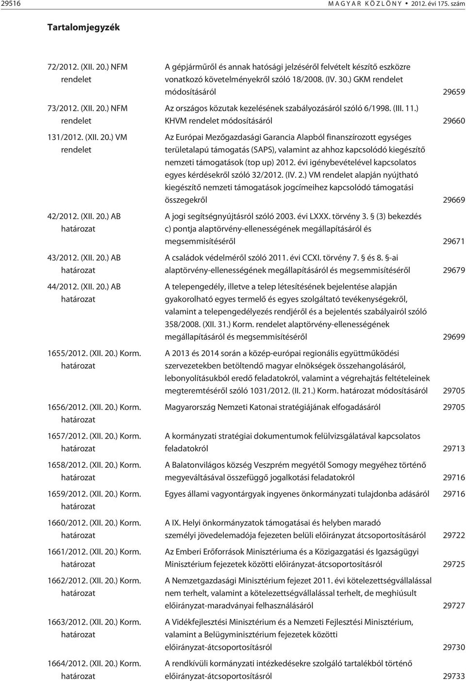 (XII. 20.) Korm. határozat 1660/2012. (XII. 20.) Korm. határozat 1661/2012. (XII. 20.) Korm. határozat 1662/2012. (XII. 20.) Korm. határozat 1663/2012. (XII. 20.) Korm. határozat 1664/2012. (XII. 20.) Korm. határozat A gépjármûrõl és annak hatósági jelzésérõl felvételt készítõ eszközre vonatkozó követelményekrõl szóló 18/2008.