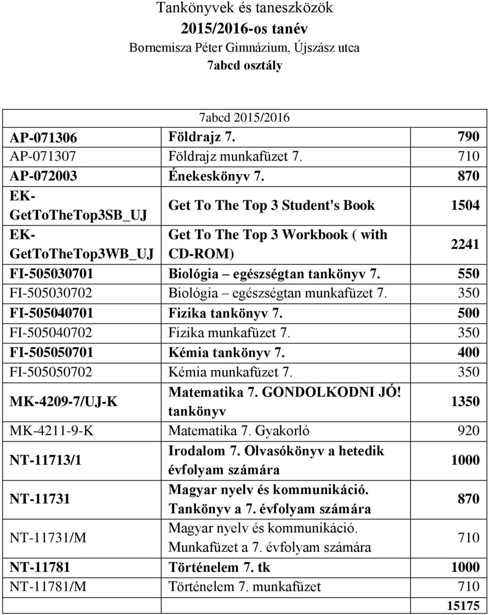 870 EK- GetToTheTop3SB_UJ Get To The Top 3 Student's Book 1504 EK- Get To The Top 3 Workbook ( with GetToTheTop3WB_UJ CD-ROM) 2241 FI-505030701 Biológia egészségtan tankönyv 7.