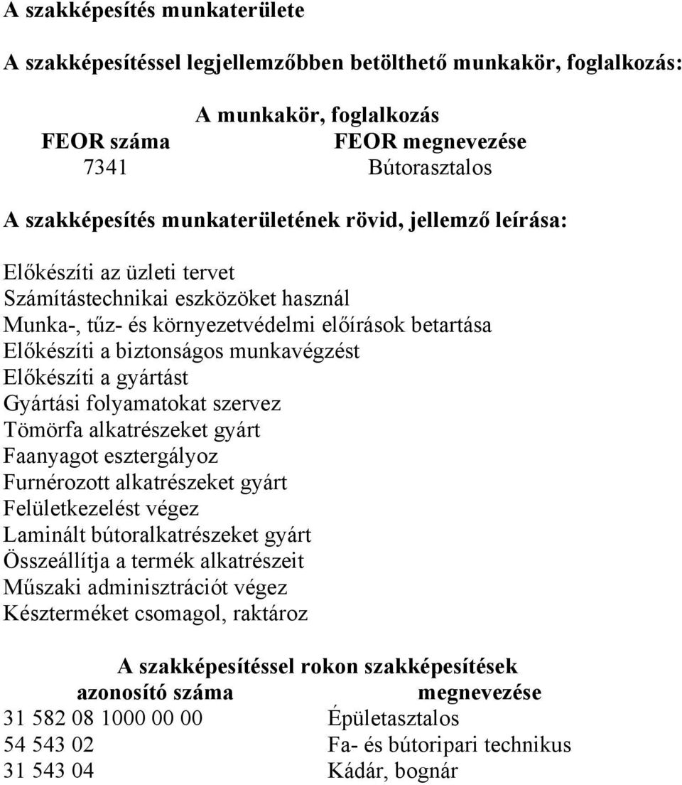 Előkészíti a gyártást Gyártási folyamatokat szervez Tömörfa alkatrészeket gyárt Faanyagot esztergályoz Furnérozott alkatrészeket gyárt Felületkezelést végez Laminált bútoralkatrészeket gyárt