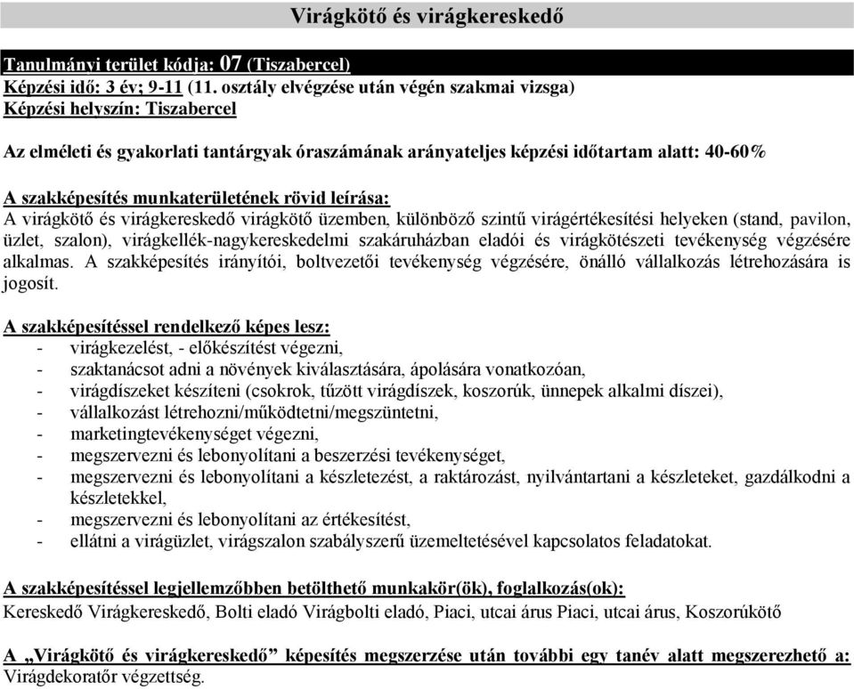 tevékenység végzésére alkalmas. A szakképesítés irányítói, boltvezetői tevékenység végzésére, önálló vállalkozás létrehozására is jogosít.