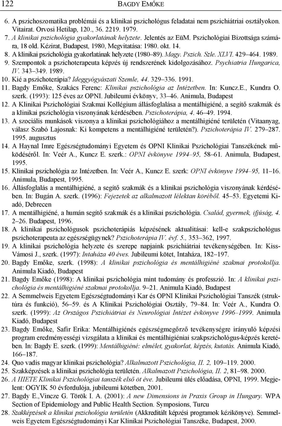 A klinikai pszichológia gyakorlatának helyzete (1980 89). Magy. Pszich. Szle. XLVI. 429 464. 1989. 9. Szempontok a pszichoterapeuta képzés új rendszerének kidolgozásához. Psychiatria Hungarica, IV.