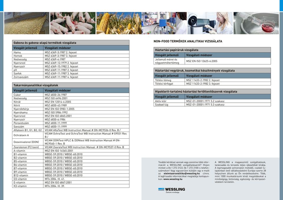 fejezet Takarmányanalitikai vizsgálatok Cukor MSZ 6830-26:1987 Nedvesség MSZ ISO 6496:2001 Nitrát MSZ EN 12014-4:2005 Nitrit MSZ 6830-43:1989 Nyersfehérje MSZ EN ISO 5983-1:2005 Nyershamu MSZ ISO