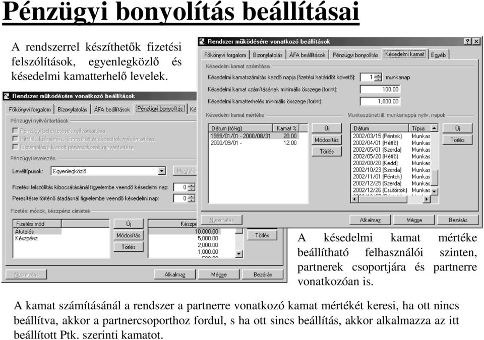 A késedelmi kamat mértéke beállítható felhasználói szinten, partnerek csoportjára és partnerre vonatkozóan is.