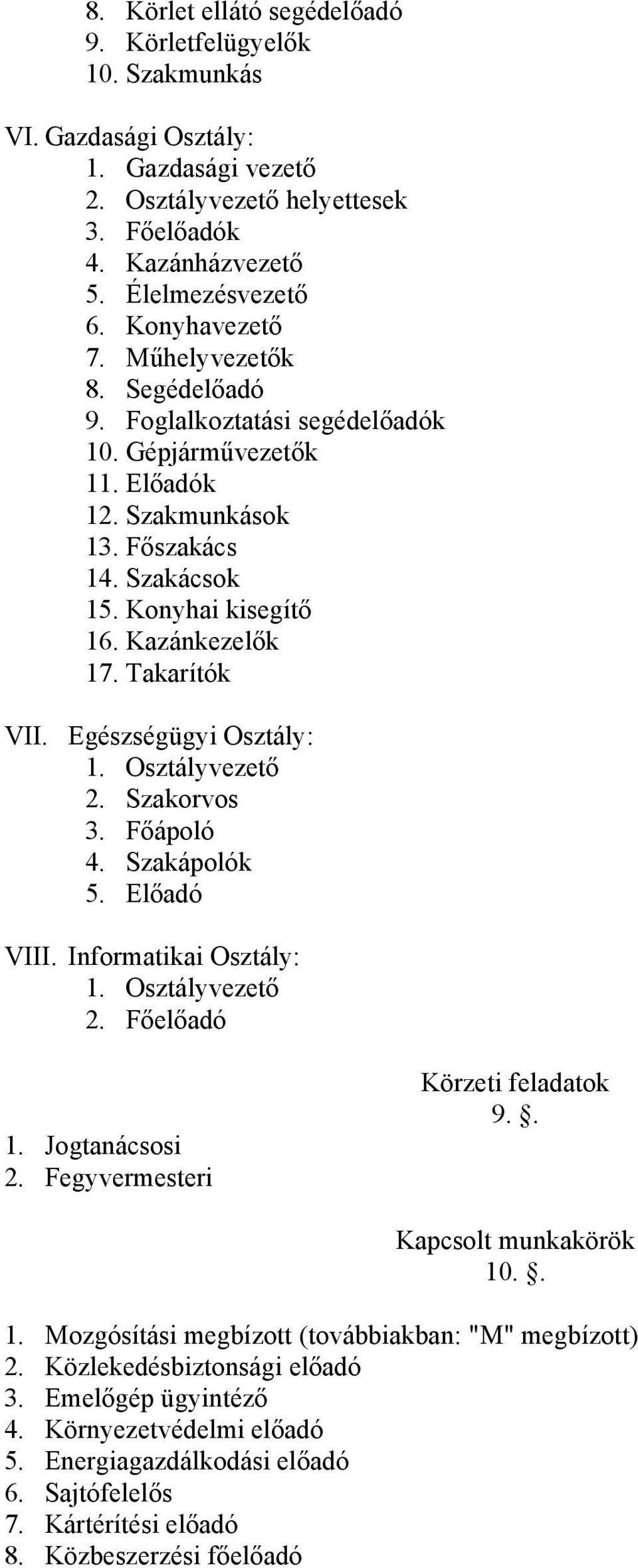 Takarítók VII. Egészségügyi Osztály: 1. Osztályvezető 2. Szakorvos 3. Főápoló 4. Szakápolók 5. Előadó VIII. Informatikai Osztály: 1. Osztályvezető 2. Főelőadó 1. Jogtanácsosi 2.