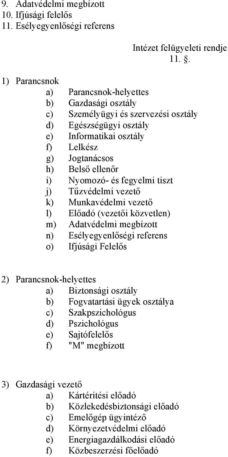 Nyomozó- és fegyelmi tiszt j) Tűzvédelmi vezető k) Munkavédelmi vezető l) Előadó (vezetői közvetlen) m) Adatvédelmi megbízott n) Esélyegyenlőségi referens o) Ifjúsági Felelős 2) Parancsnok-helyettes