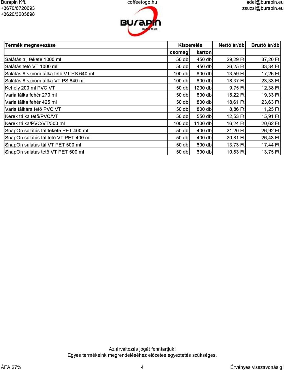 800 db 18,61 Ft 23,63 Ft Varia tálkára tető PVC VT 50 db 800 db 8,86 Ft 11,25 Ft Kerek tálka tető/pvc/vt 50 db 550 db 12,53 Ft 15,91 Ft Kerek tálka/pvc/vt/500 ml 100 db 1100 db 16,24 Ft 20,62 Ft