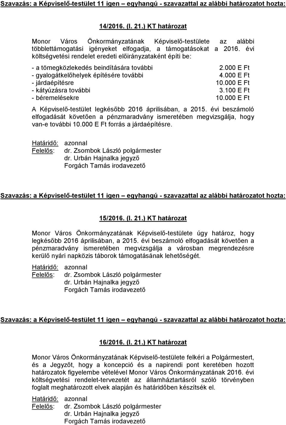 000 E Ft - kátyúzásra további 3.100 E Ft - béremelésekre 10.000 E Ft A Képviselő-testület legkésőbb 2016 áprilisában, a 2015.