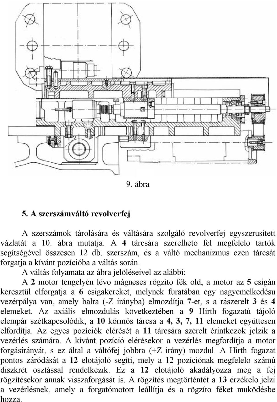 A váltás folyamata az ábra jelöléseivel az alábbi: A 2 motor tengelyén lévo mágneses rögzíto fék old, a motor az 5 csigán keresztül elforgatja a 6 csigakereket, melynek furatában egy nagyemelkedésu