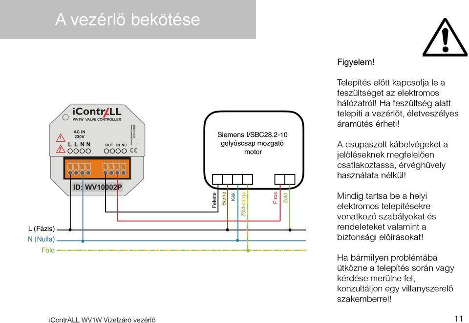 A csupaszolt kábelvégeket a jelöléseknek megfelelően csatlakoztassa, érvéghüvely használata nélkül!