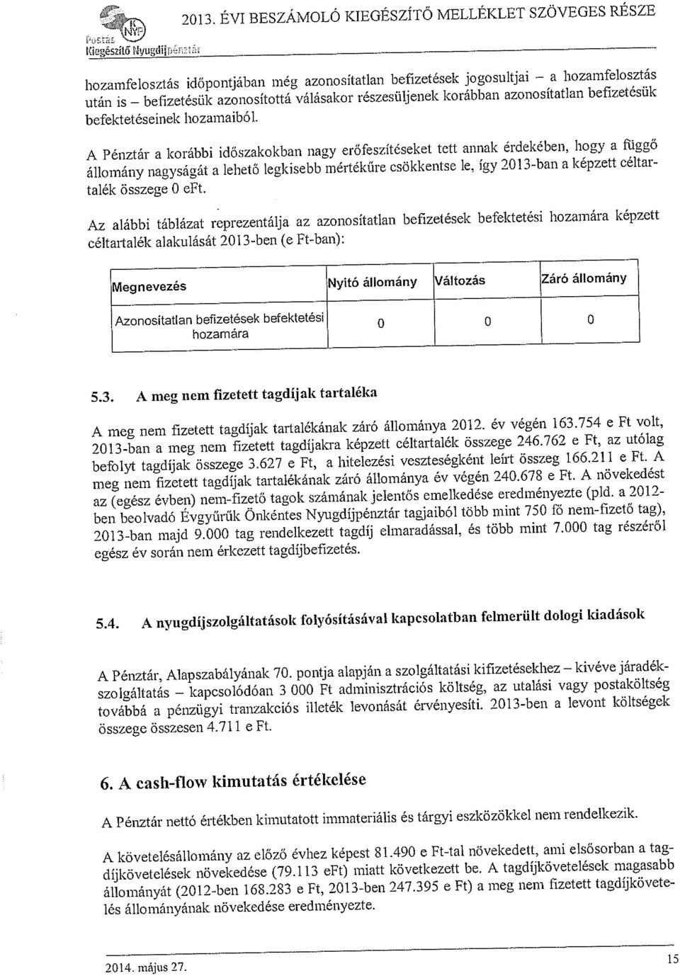 A Pénztár a korábbi időszakokban nagy erőfeszítéseket tett annak érdekében, hogy a Riggő állomány nagyságát a lehető legkisebb mértékűre csökkentse le, így 2013-ban a képzett céltar talék összege O