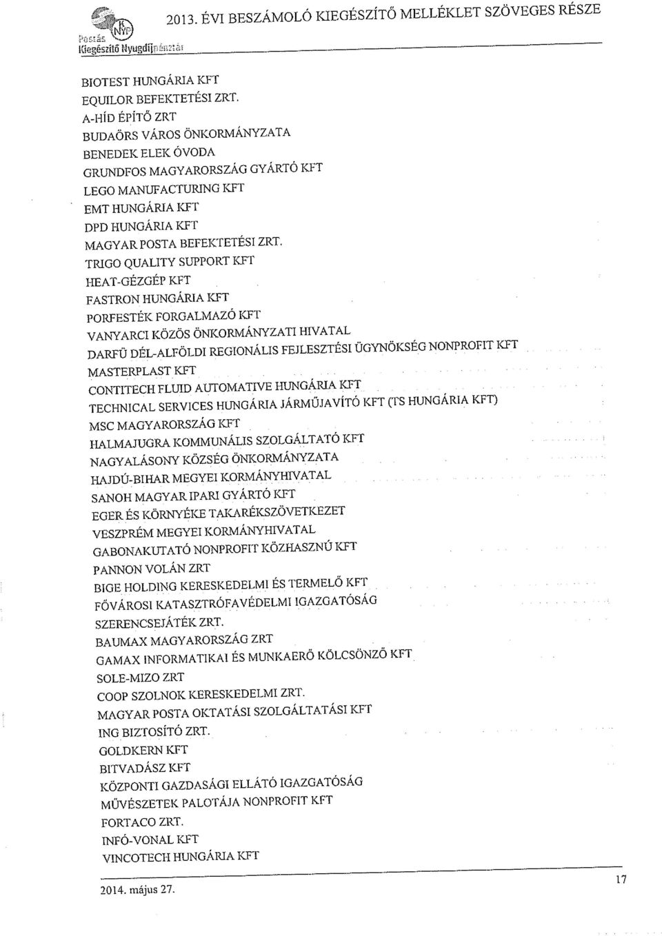 TRIGO QUALITY SUPPORT KFT HEAT-GÉZGÉP KFT FASTRON HUNGÁRIA KFT PORFESTÉK FORGALMAZÓ KFT VANYARCI KÖZÖS ÖNKORMÁNYZATI HIVATAL DARFŰ DÉL-ALFOLDI REGIONÁLIS FEJLESZTÉSI ÜGYNÖKSÉG NONPROFIT KFT