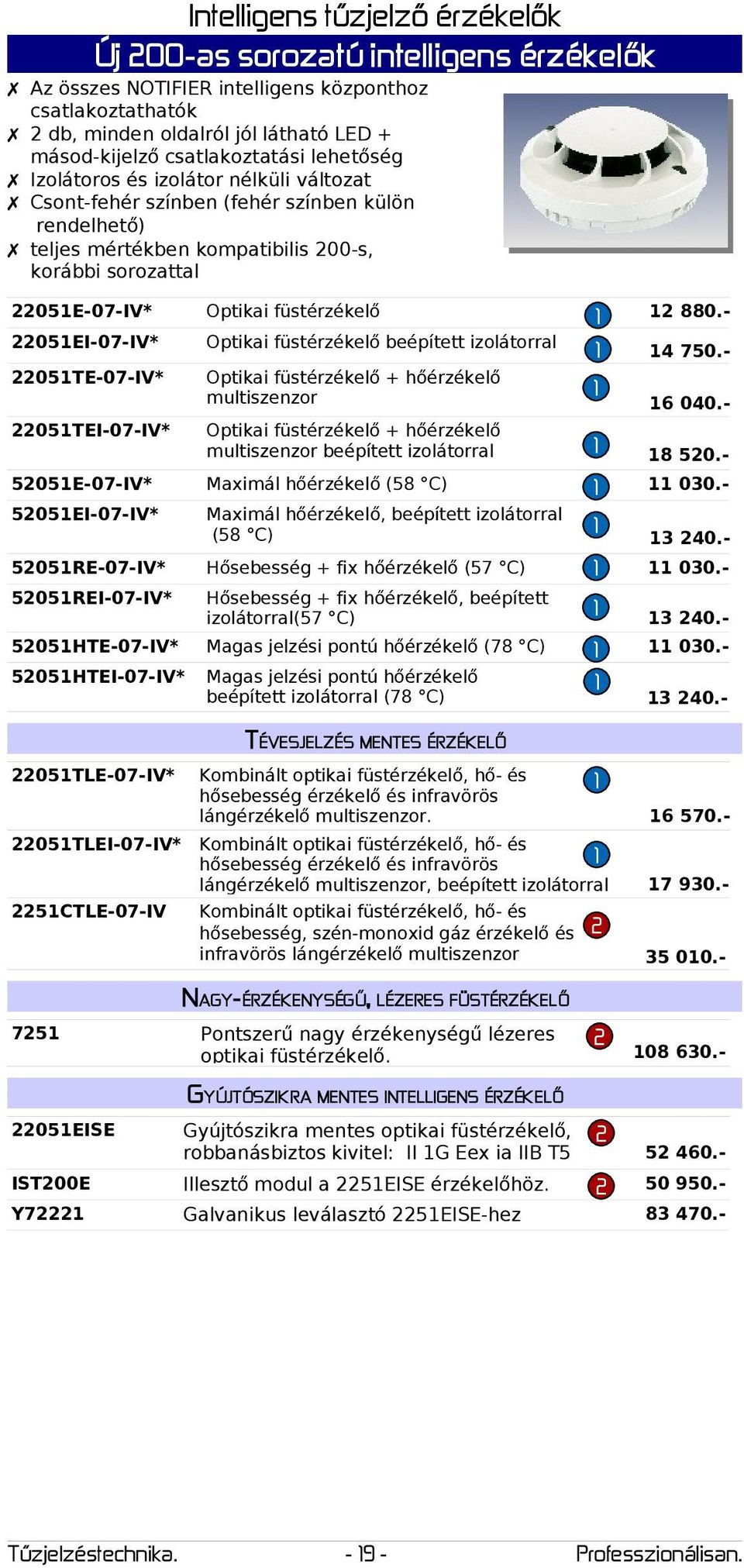 - 05EI-07-IV* Optikai füstérzékelő beépített izolátorral 4 750.- 05TE-07-IV* Optikai füstérzékelő + hőérzékelő multiszenzor 6 040.