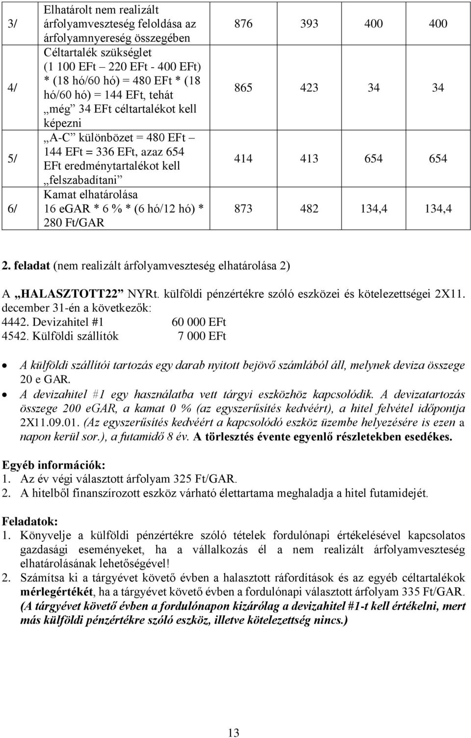 Ft/GAR 876 393 400 400 865 423 34 34 414 413 654 654 873 482 134,4 134,4 2. feladat (nem realizált árfolyamveszteség elhatárolása 2) A HALASZTOTT22 NYRt.