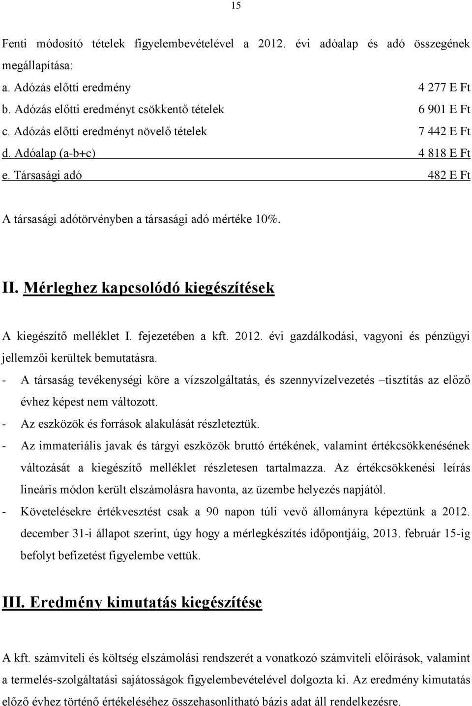 Mérleghez kapcsolódó kiegészítések A kiegészítő melléklet I. fejezetében a kft. 2012. évi gazdálkodási, vagyoni és pénzügyi jellemzői kerültek bemutatásra.