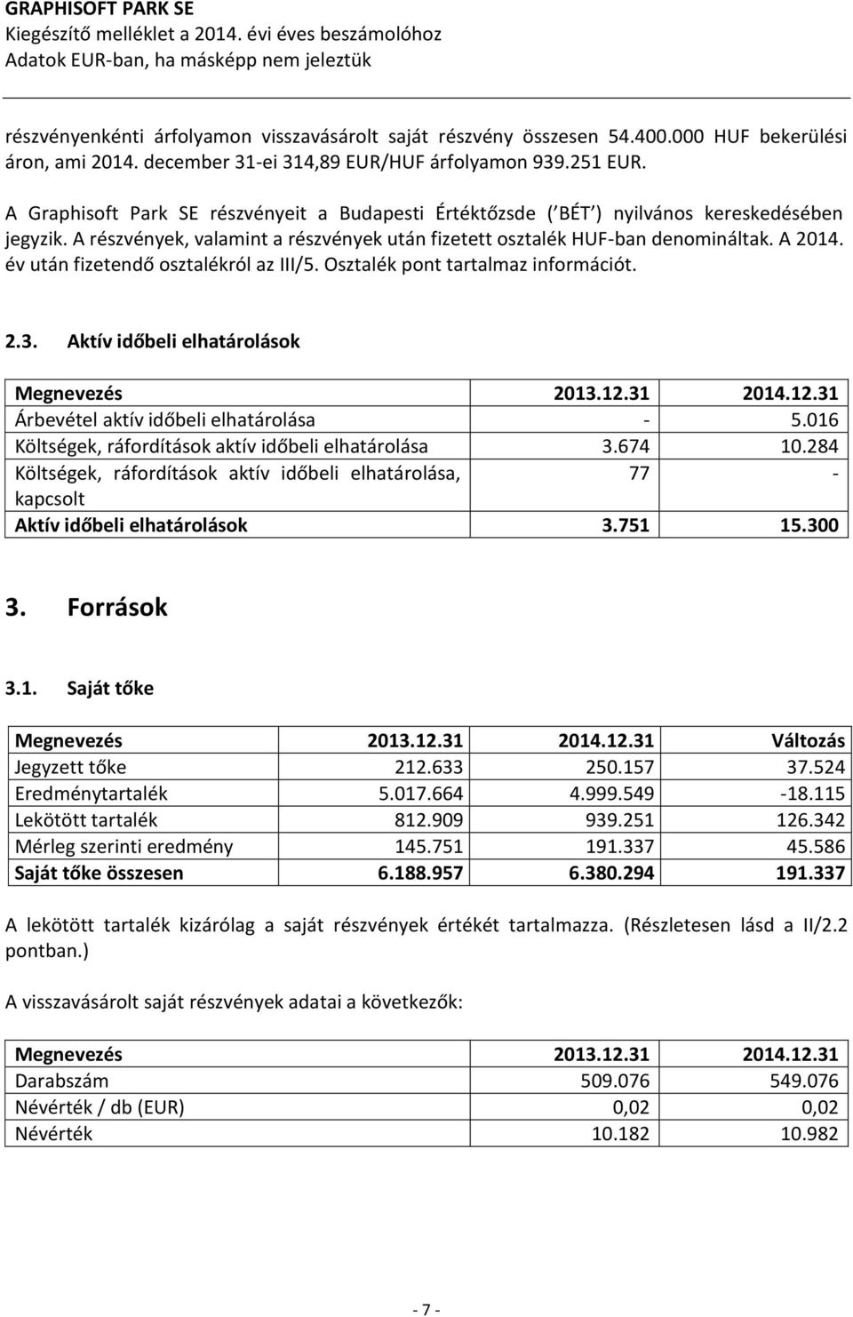 A részvények, valamint a részvények után fizetett osztalék HUF-ban denomináltak. A 2014. év után fizetendő osztalékról az III/5. Osztalék pont tartalmaz információt. 2.3.