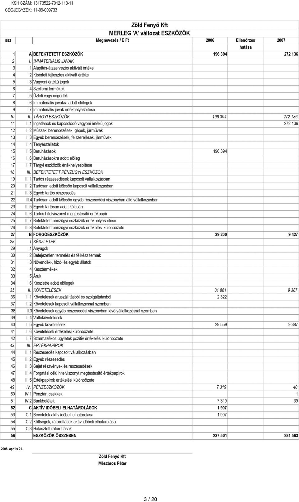 6 Immateriális javakra adott elılegek 9 I.7 Immateriális javak értékhelyesbítése 10 II. TÁRGYI ESZKÖZÖK 196 394 272 136 11 II.1 Ingatlanok és kapcsolódó vagyoni értékő jogok 272 136 12 II.