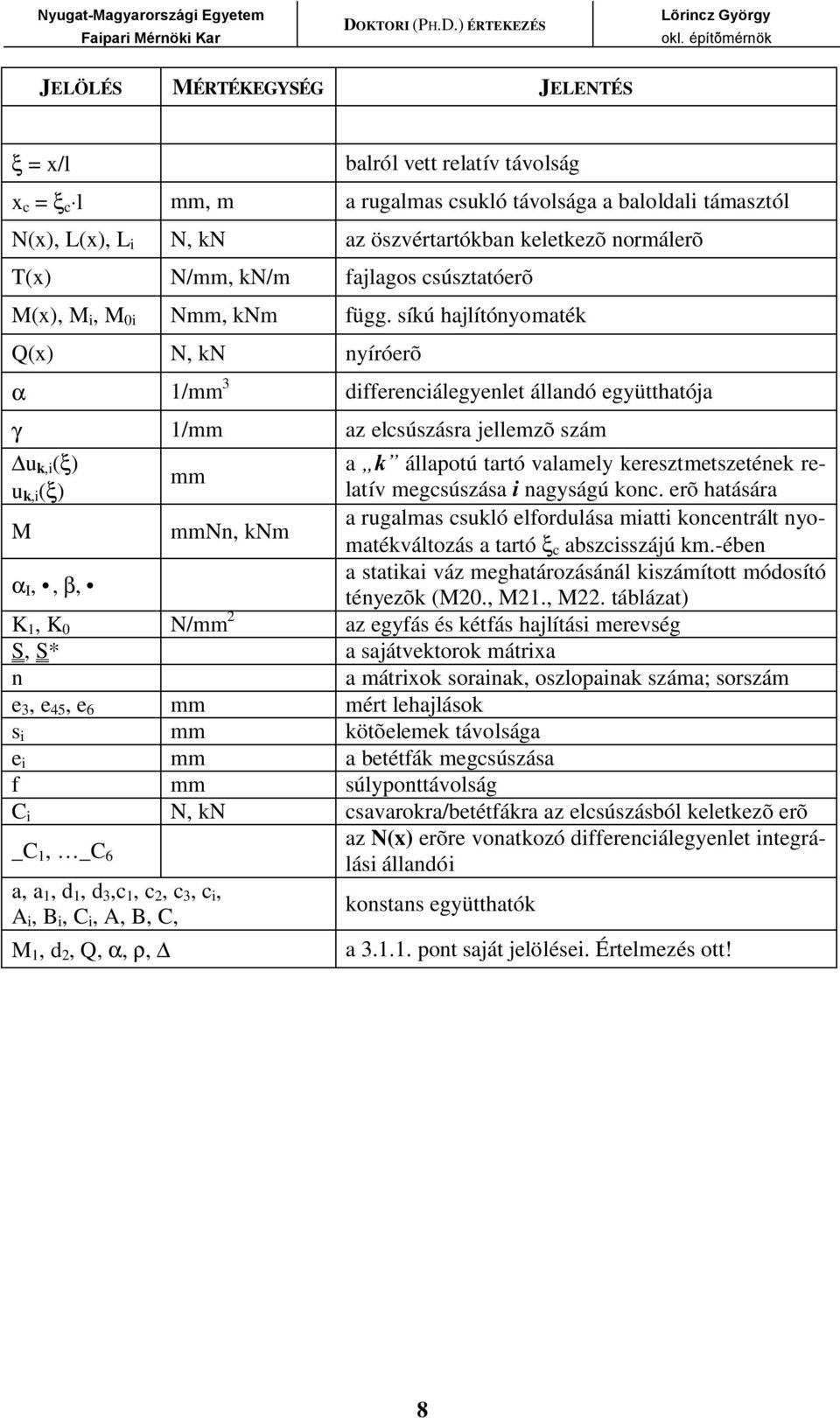 síkú hajlítónyomaték Q(x) N, kn nyíróerõ α 1/mm 3 differenciálegyenlet állandó együtthatója γ 1/mm az elcsúszásra jellemzõ szám u k,i (ξ) a k állapotú tartó valamely keresztmetszetének relatív