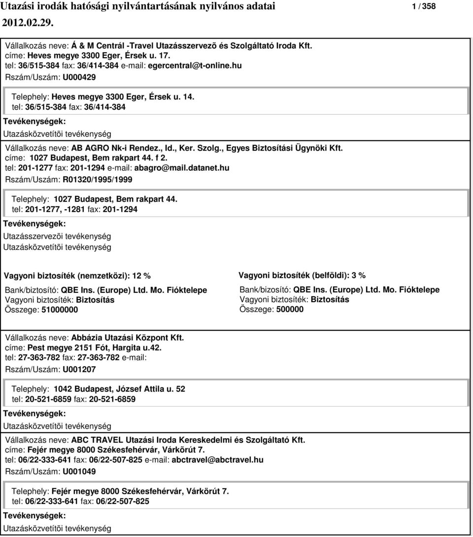 címe: 1027 Budapest, Bem rakpart 44. f 2. tel: 201-1277 fax: 201-1294 e-mail: abagro@mail.datanet.hu Rszám/Uszám: R01320/1995/1999 Telephely: 1027 Budapest, Bem rakpart 44.