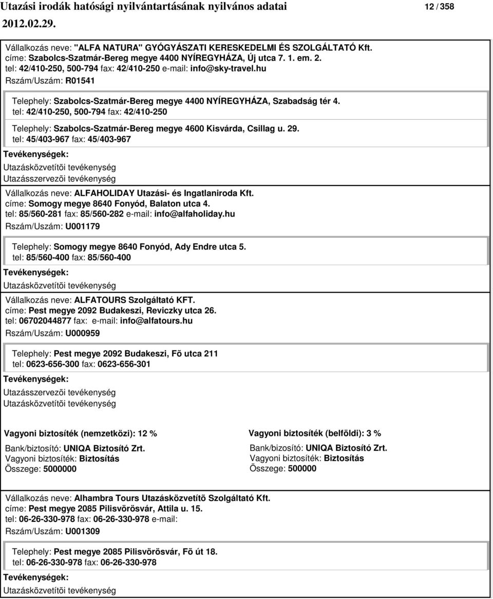 tel: 42/410-250, 500-794 fax: 42/410-250 Telephely: Szabolcs-Szatmár-Bereg megye 4600 Kisvárda, Csillag u. 29.