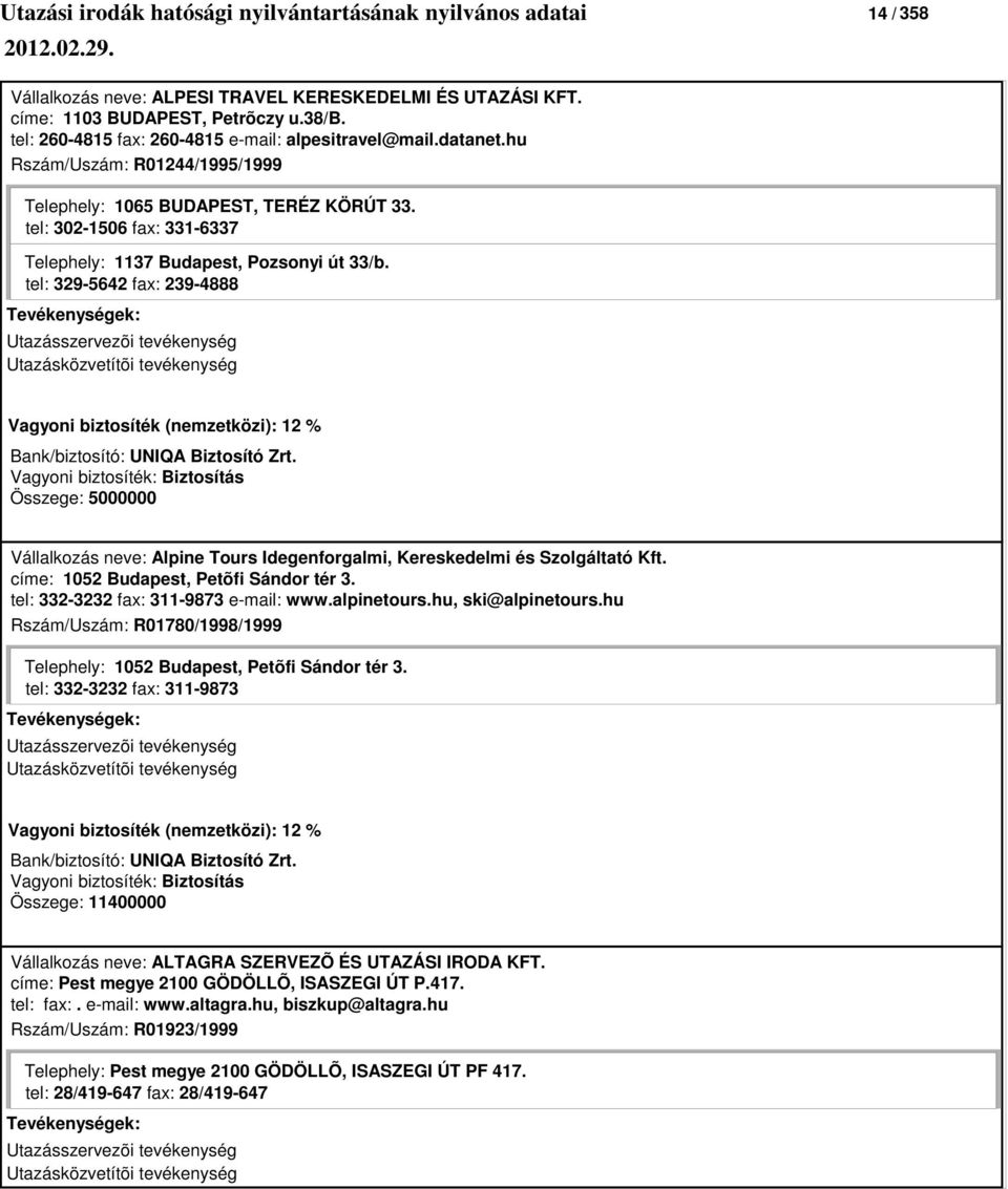 tel: 329-5642 fax: 239-4888 Bank/biztosító: UNIQA Biztosító Zrt. 0 Vállalkozás neve: Alpine Tours Idegenforgalmi, Kereskedelmi és Szolgáltató Kft. címe: 1052 Budapest, Petõfi Sándor tér 3.
