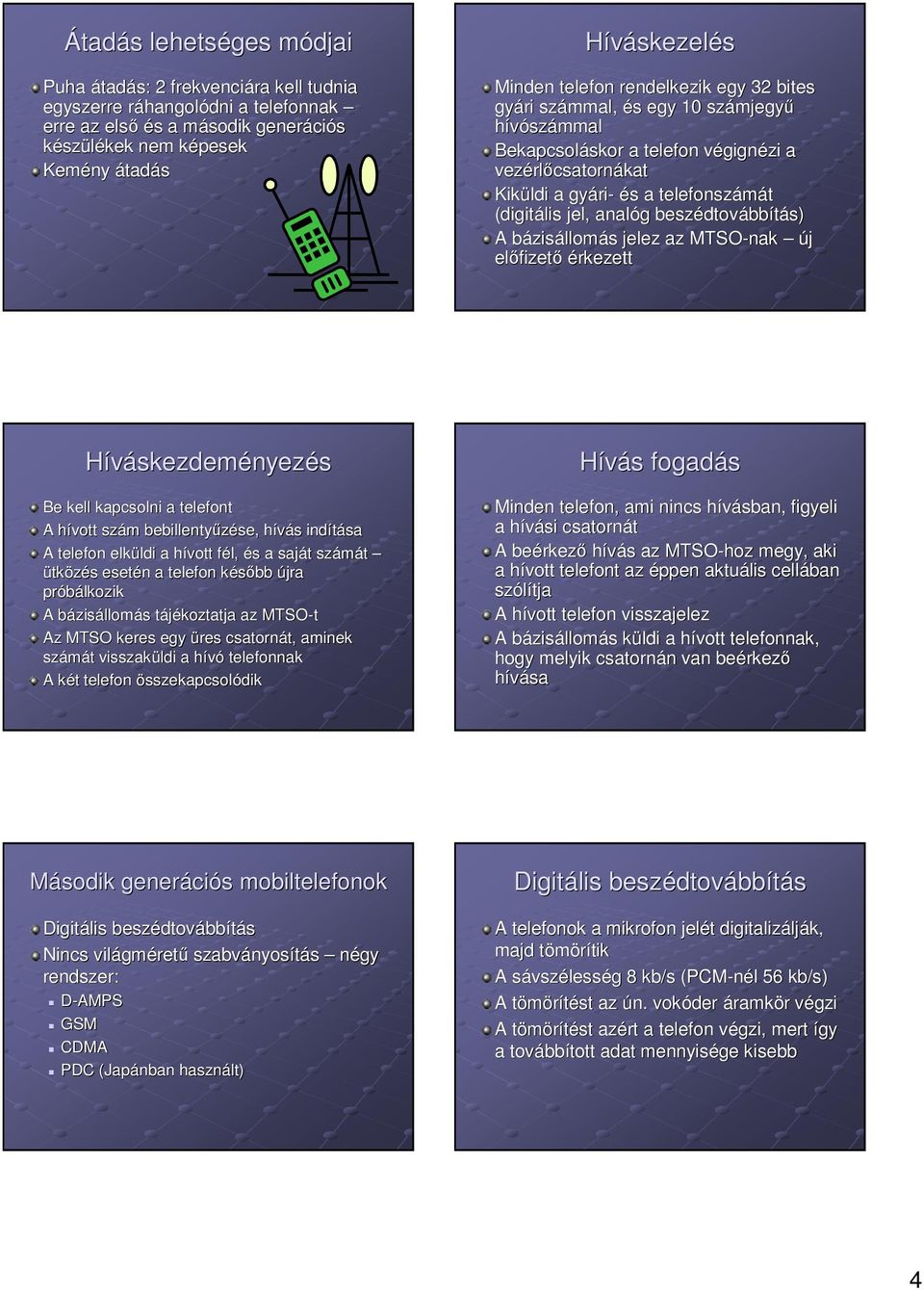 és s a telefonszámát (digitális jel, analóg g beszédtov dtovábbítás) A bázisb zisállomás s jelez az MTSO-nak új elıfizet fizetı érkezett Híváskezdeményezés Be kell kapcsolni a telefont A hívott h