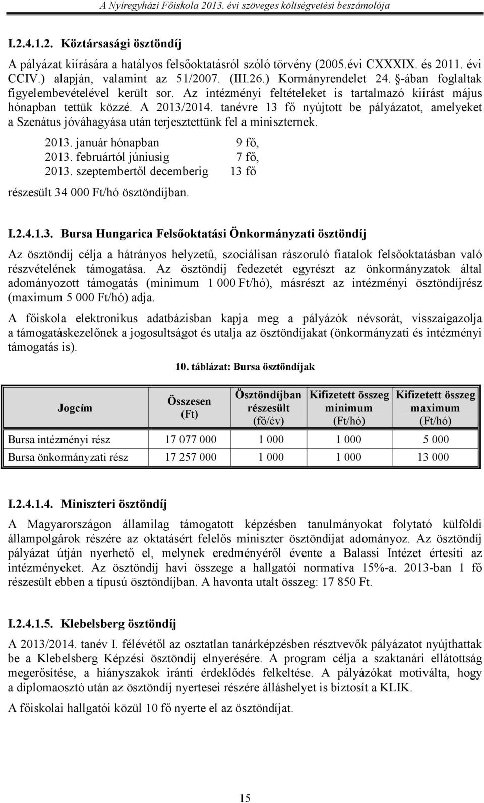 tanévre 13 fı nyújtott be pályázatot, amelyeket a Szenátus jóváhagyása után terjesztettünk fel a miniszternek. 2013. január hónapban 9 fı, 2013. februártól júniusig 7 fı, 2013.